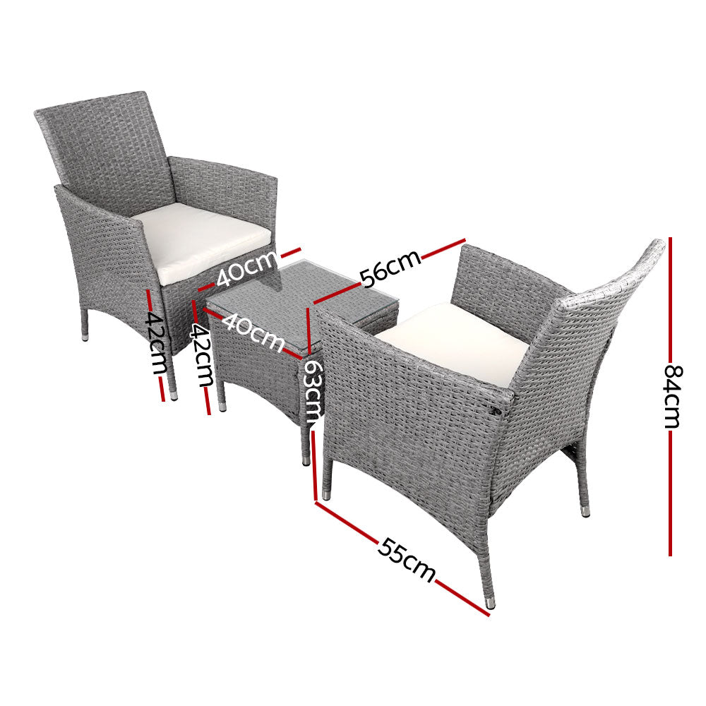 3PC Outdoor Wicker Bistro Set - Grey - Homecoze