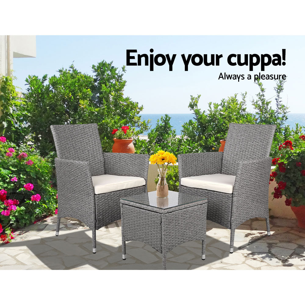 3PC Outdoor Wicker Bistro Set - Grey - Homecoze