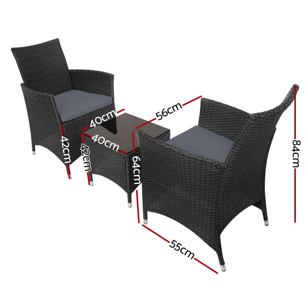 3 Piece Wicker Outdoor Bistro Table & Chair Set - Black Homecoze