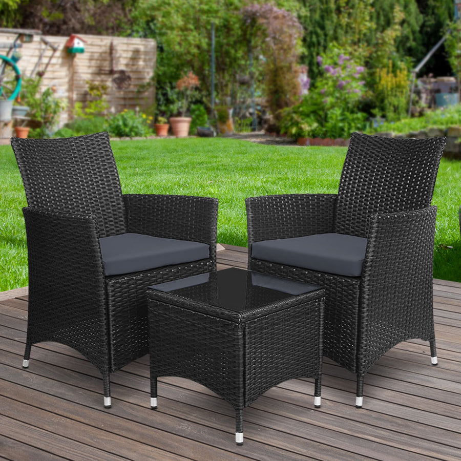 3 Piece Wicker Outdoor Bistro Table & Chair Set - Black Homecoze