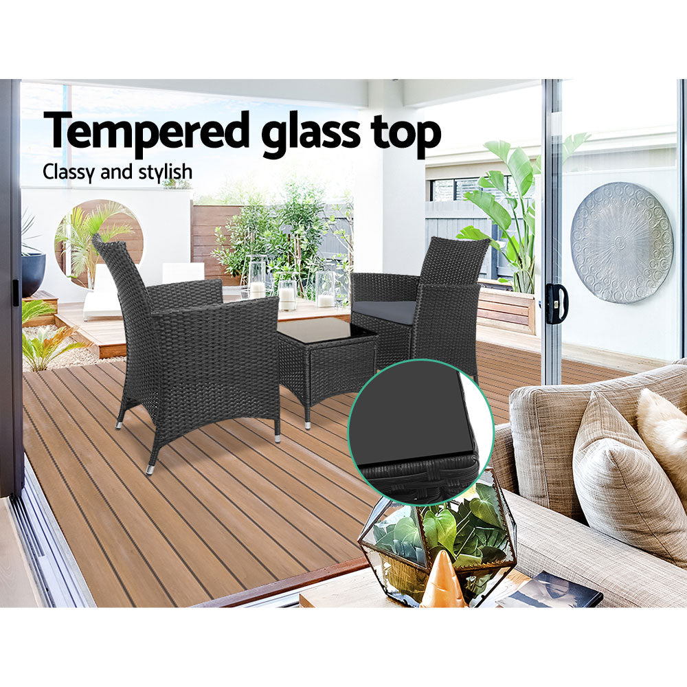 3PC Outdoor Wicker Bistro Set - Black/Black - Homecoze