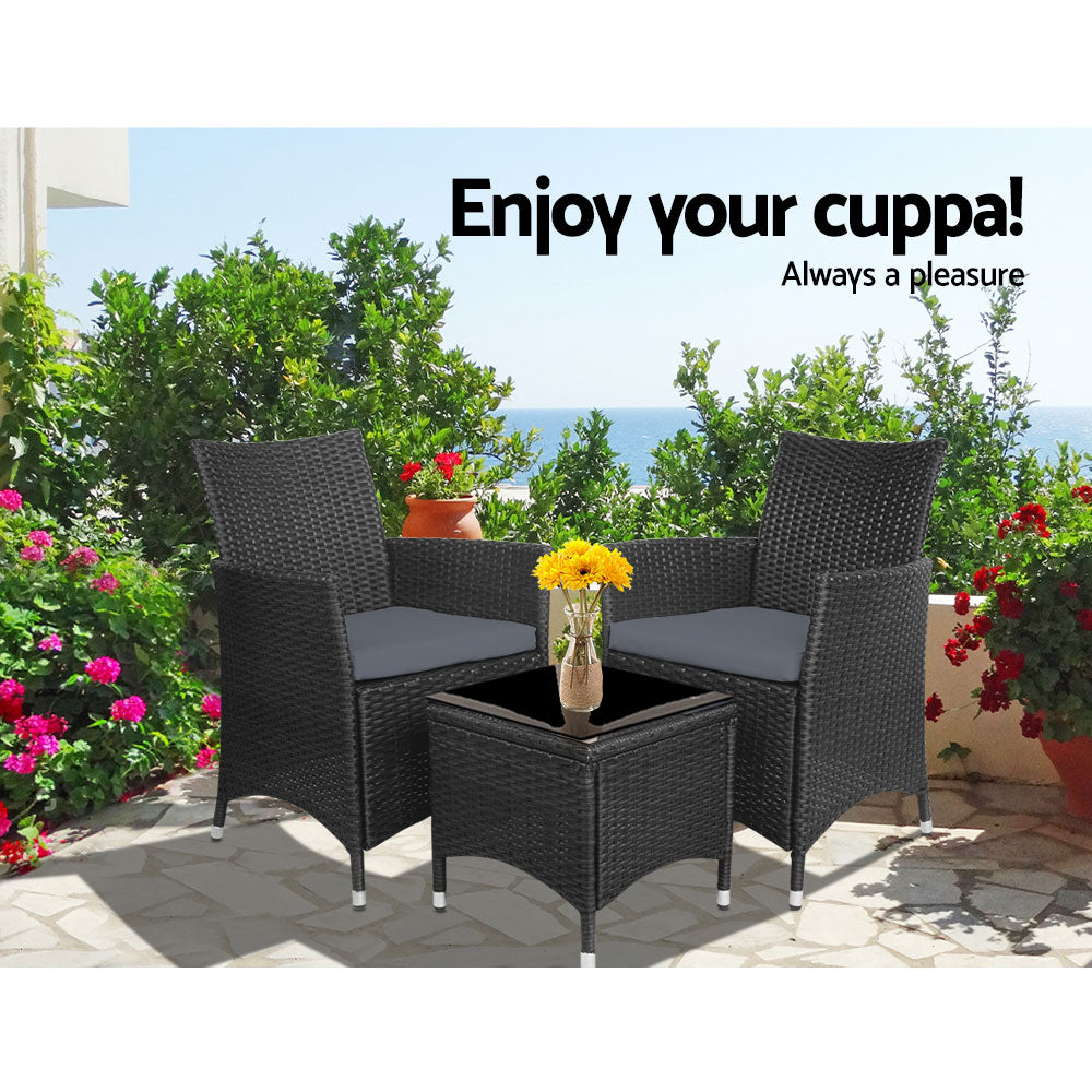 3PC Outdoor Wicker Bistro Set - Black/Black - Homecoze