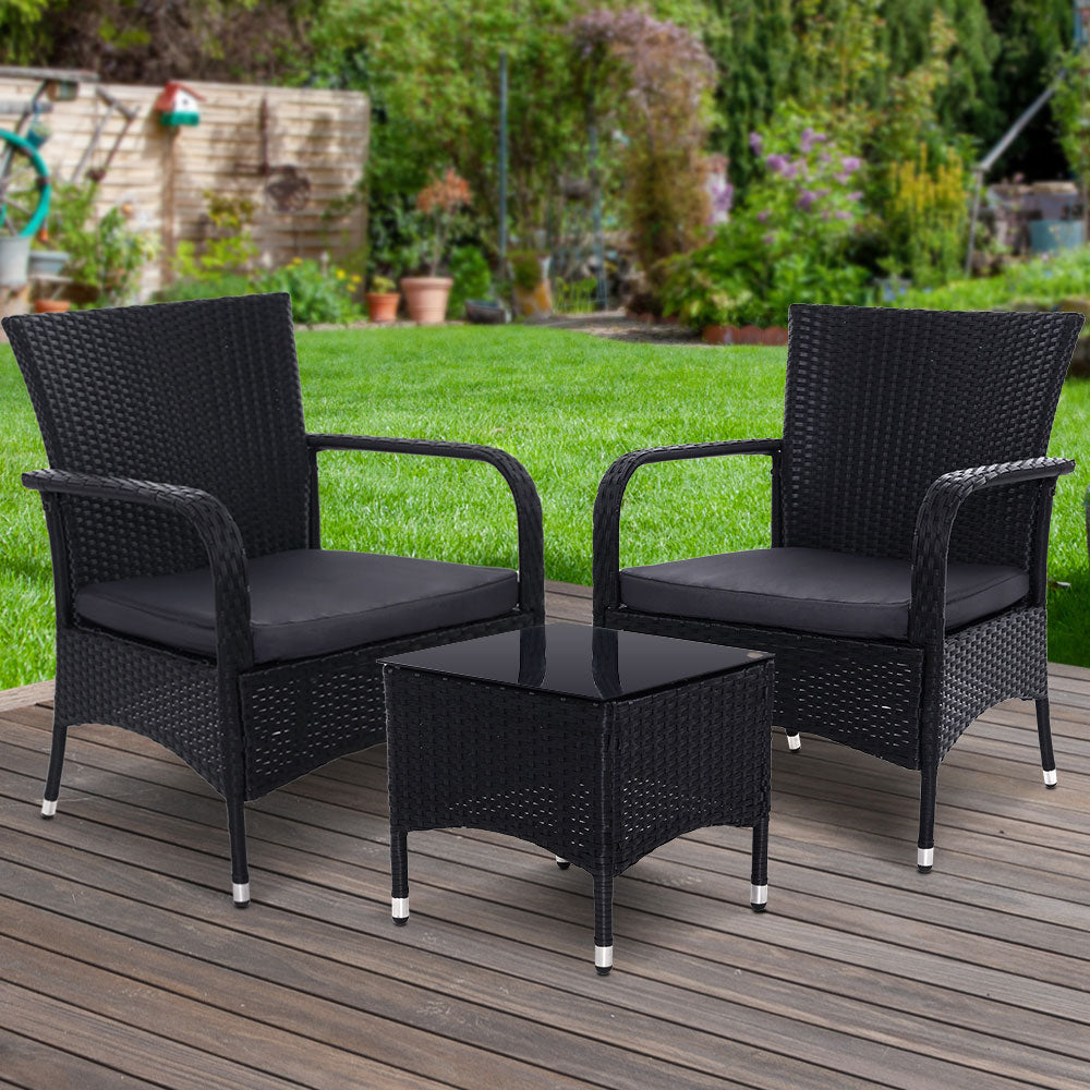 3 Piece Wide Back Outdoor Furniture Patio Set Wicker Coffee Table Set - Black Homecoze