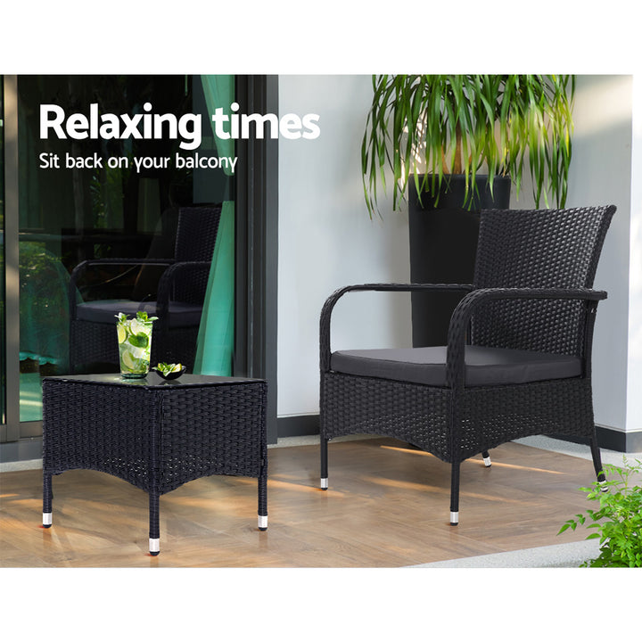 3 Piece Wide Back Outdoor Furniture Patio Set Wicker Coffee Table Set - Black Homecoze