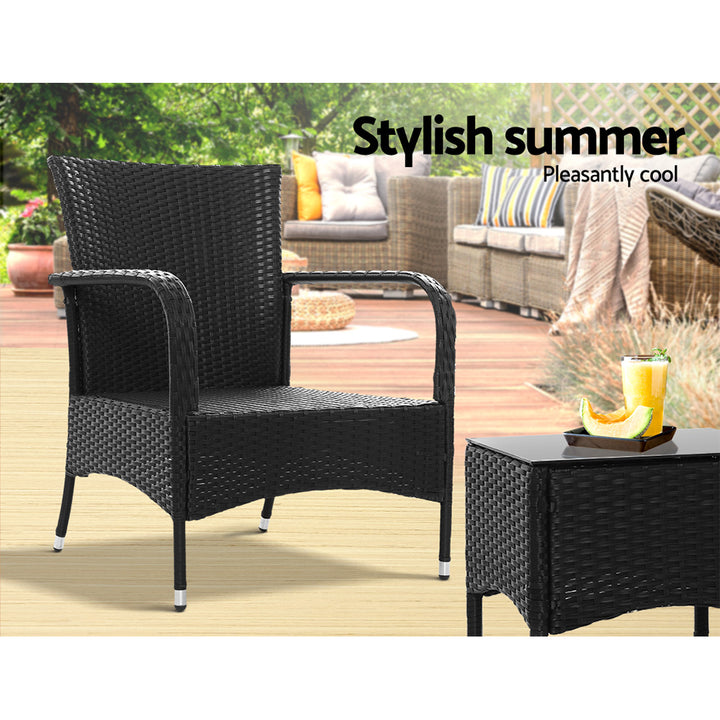 3 Piece Wide Back Outdoor Furniture Patio Set Wicker Coffee Table Set - Black Homecoze