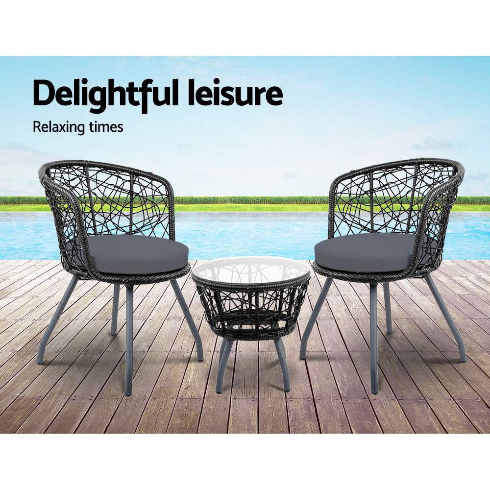 3 Piece Wicker Outdoor Bistro Set - Black - Homecoze