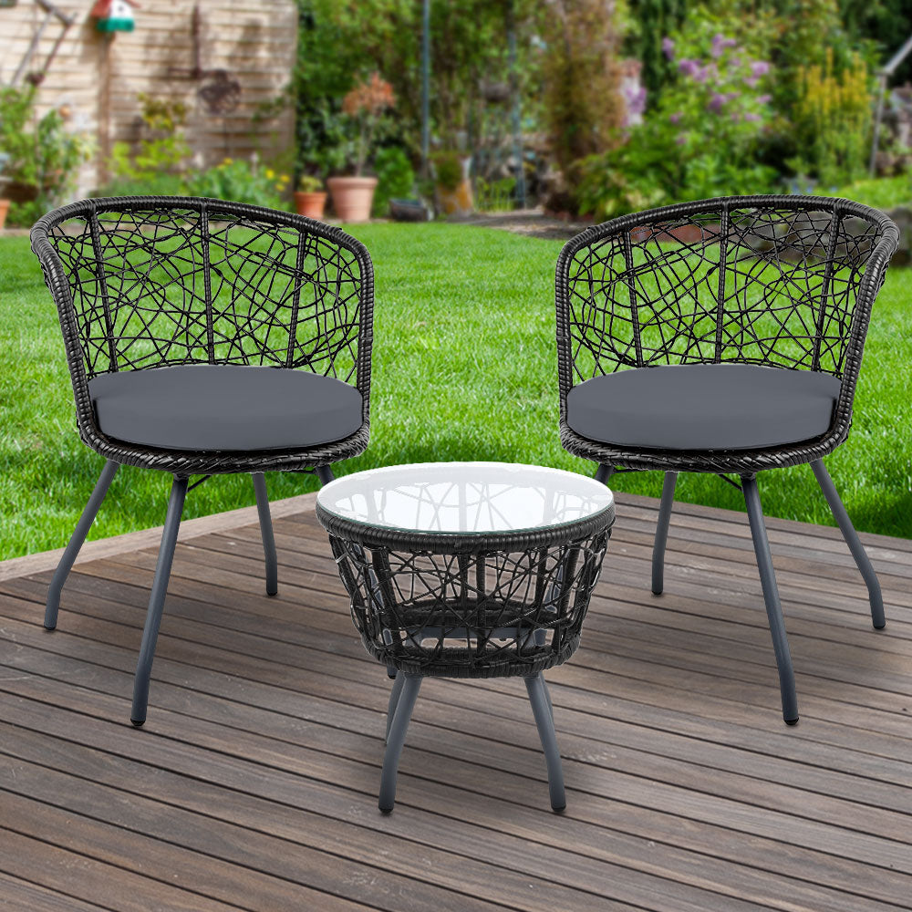 3 Piece Wicker Outdoor Bistro Set - Black - Homecoze