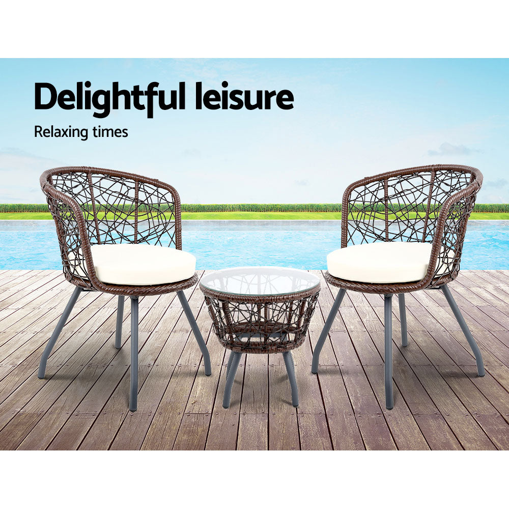 3 Piece Wicker Outdoor Bistro Set - Brown - Homecoze