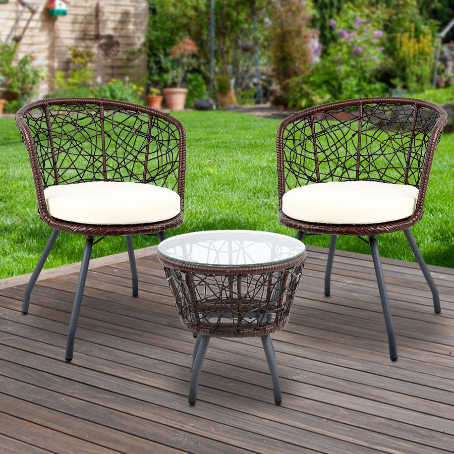 3 Piece Wicker Outdoor Bistro Set - Brown - Homecoze