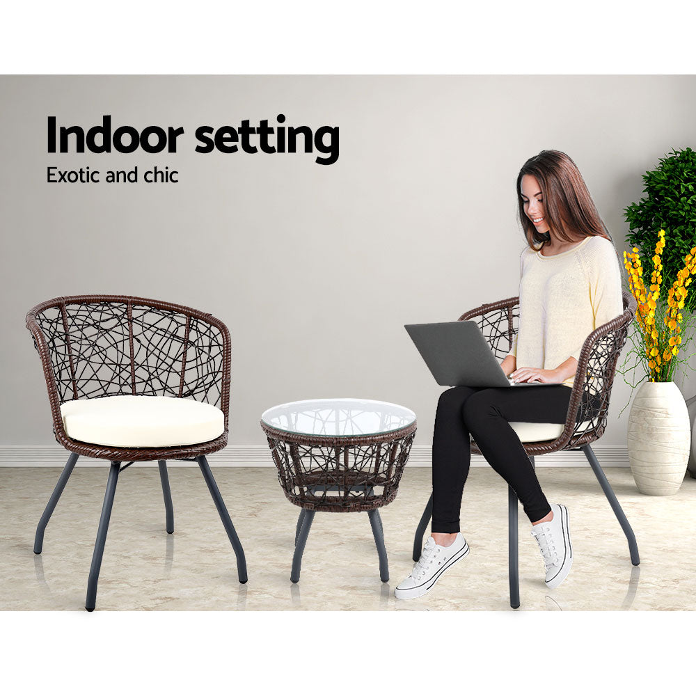 3 Piece Wicker Outdoor Bistro Set - Brown - Homecoze