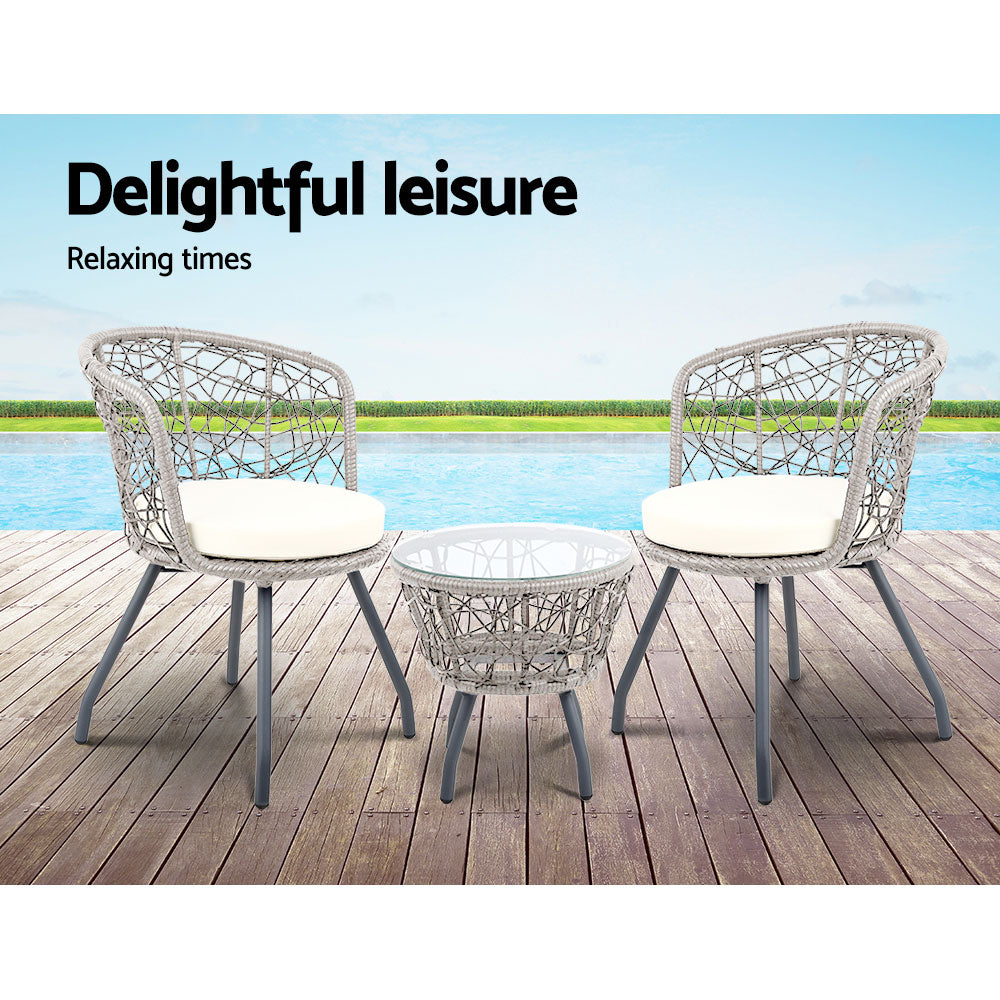 3 Piece Wicker Outdoor Bistro Set - Grey - Homecoze