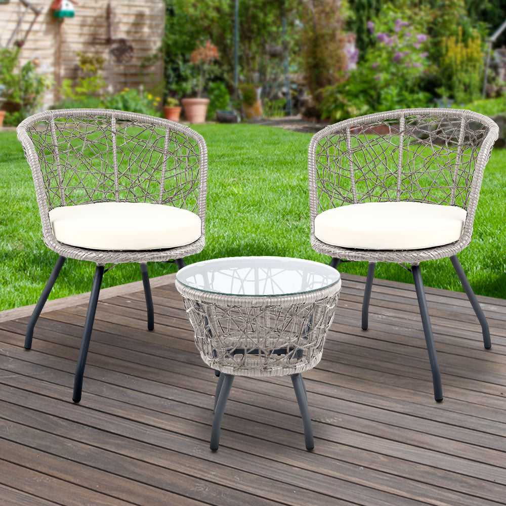 3 Piece Wicker Outdoor Bistro Set - Grey - Homecoze