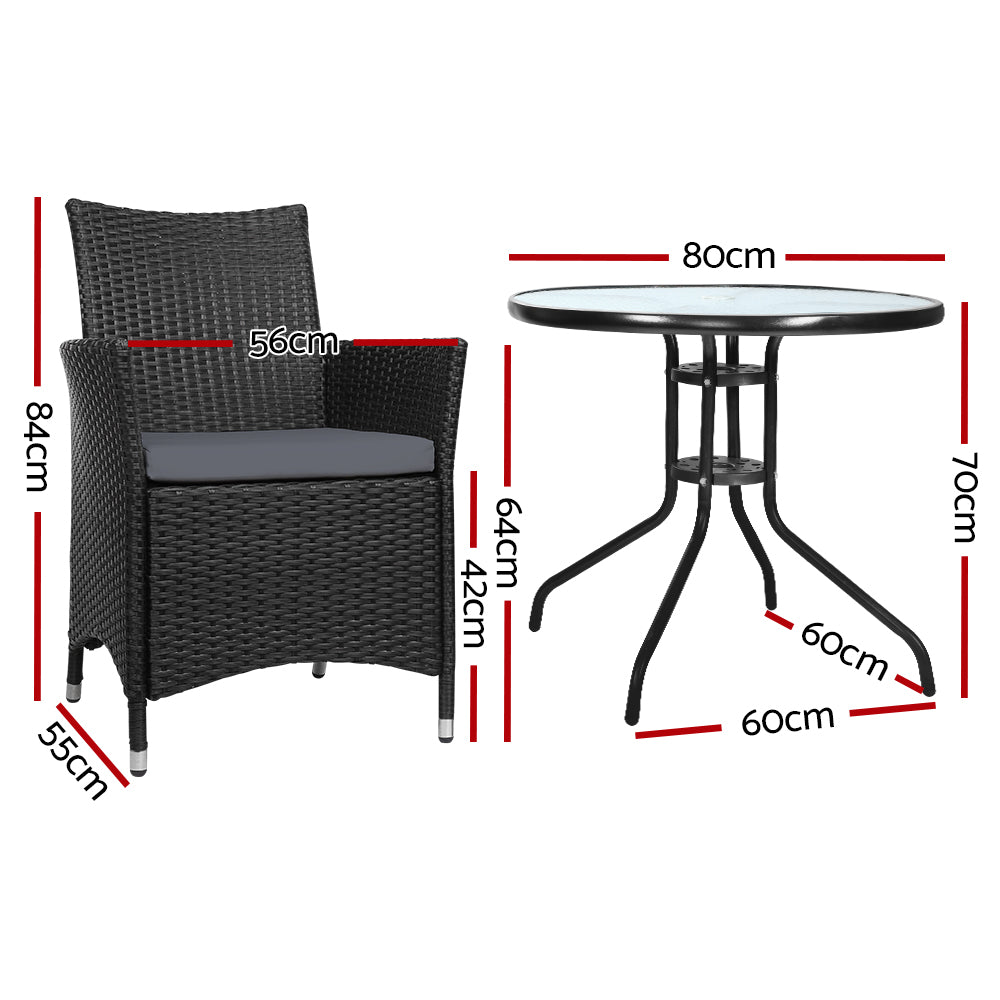 3 Piece Wicker Outdoor Bistro Set - Black - Homecoze