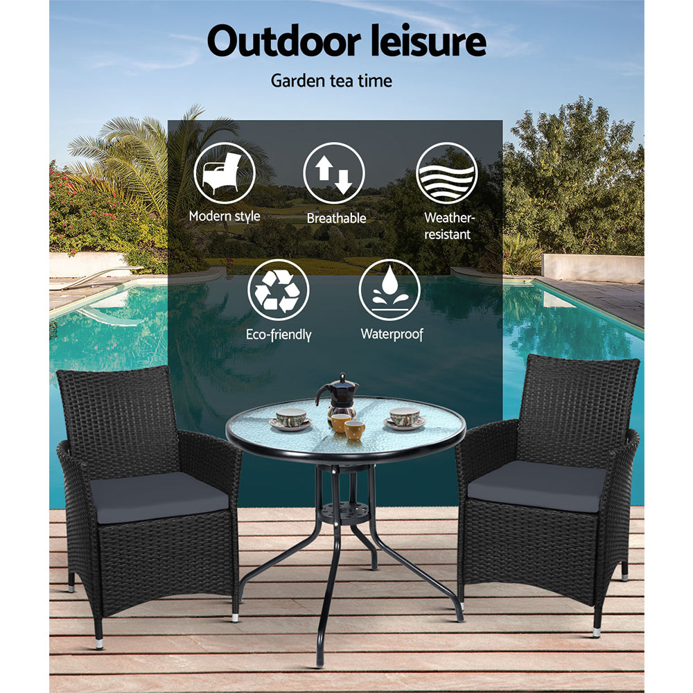 3 Piece Wicker Outdoor Bistro Set - Black - Homecoze
