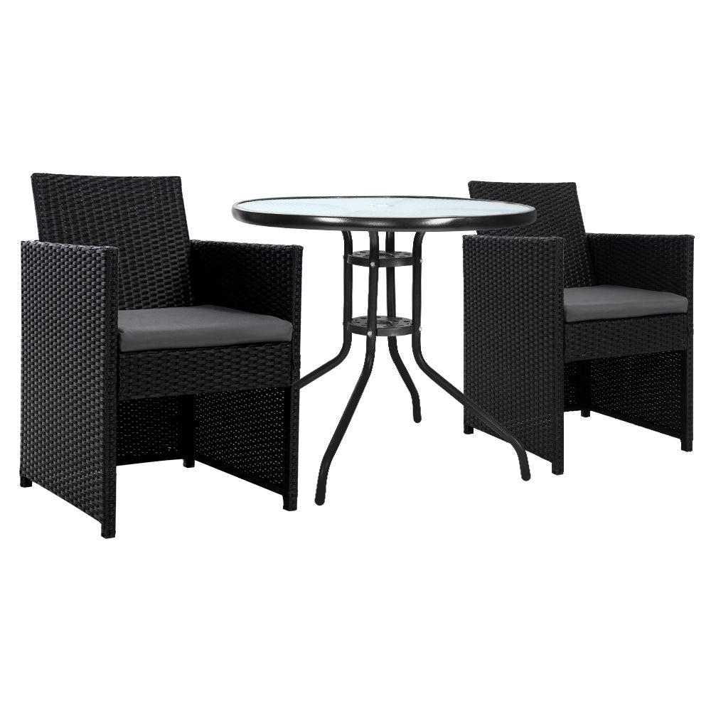 3PC Outdoor Patio Glass Table & Wicker Chair Bistro Patio Set - Black Homecoze