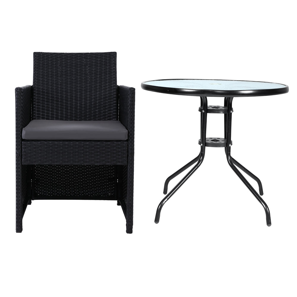 3PC Outdoor Patio Glass Table & Wicker Chair Bistro Patio Set - Black Homecoze