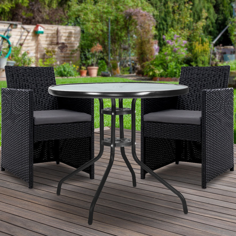 3PC Outdoor Patio Glass Table & Wicker Chair Bistro Patio Set - Black Homecoze