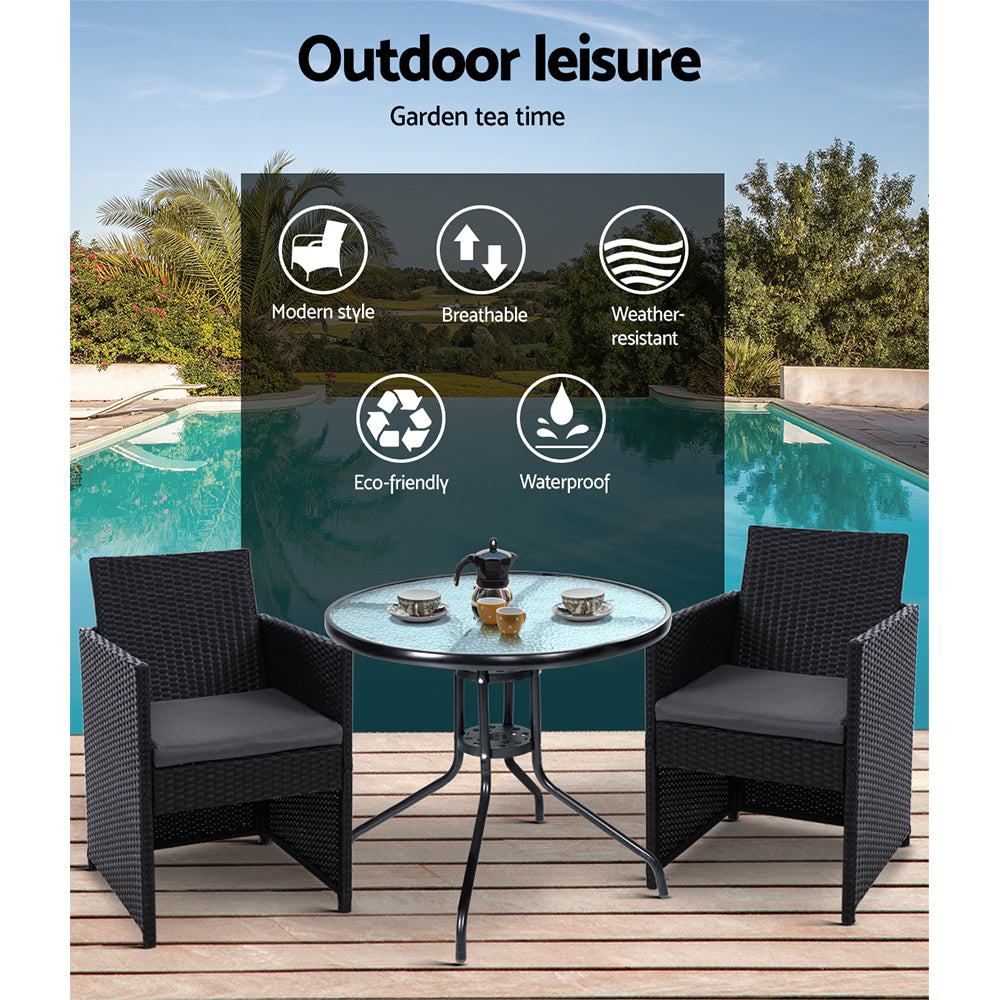 3PC Outdoor Patio Glass Table & Wicker Chair Bistro Patio Set - Black Homecoze
