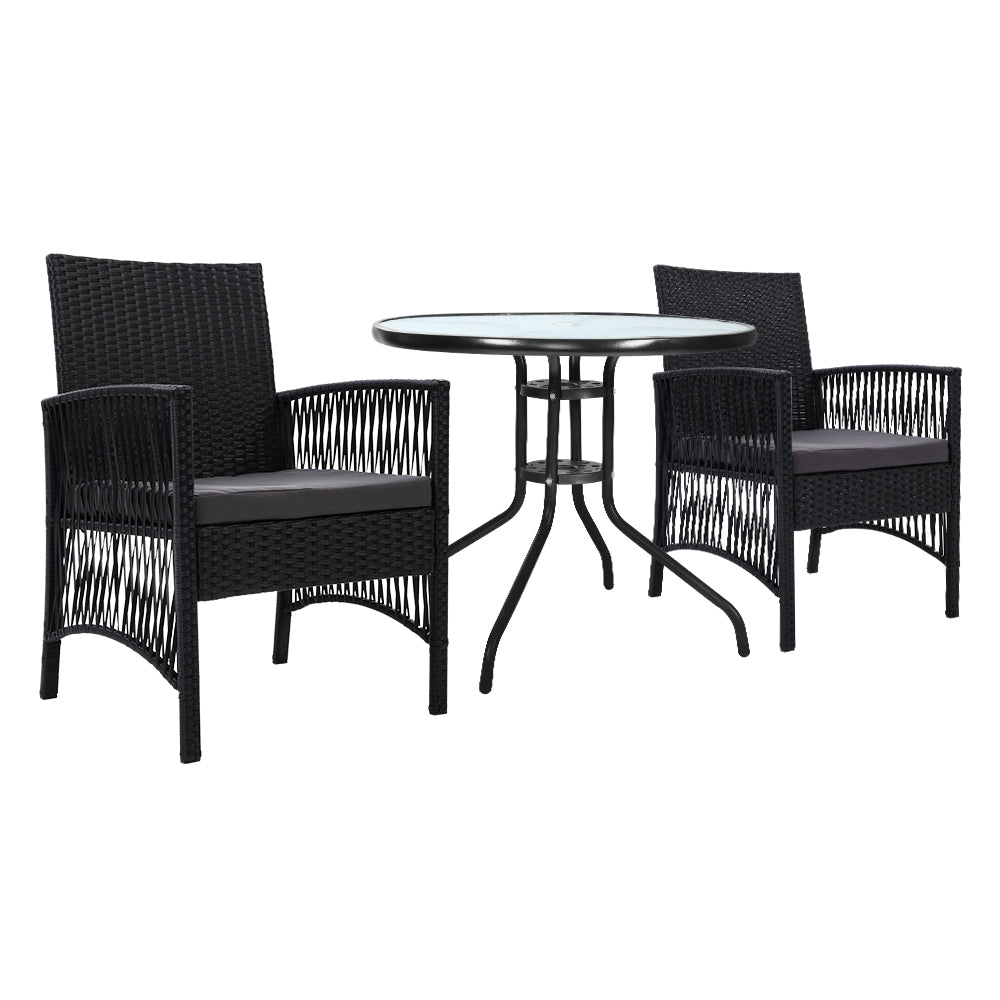 3 Piece Wicker Outdoor Bistro Table & Chair Set - Black - Homecoze