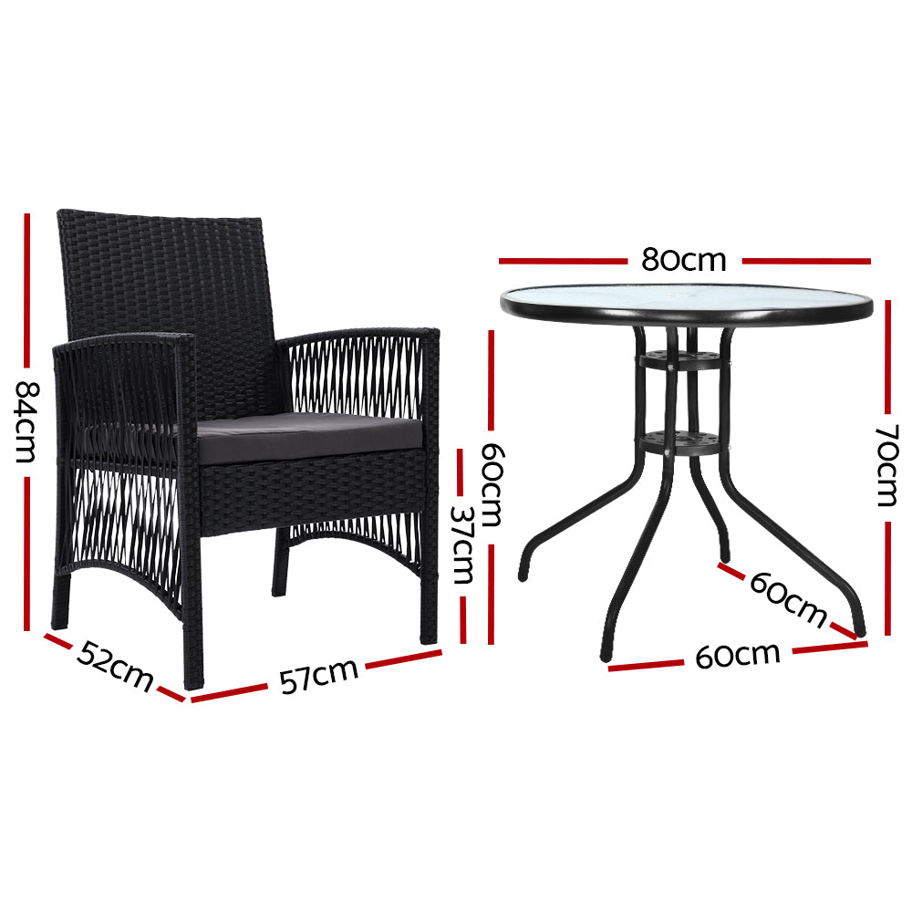 3 Piece Wicker Outdoor Bistro Table & Chair Set - Black Homecoze