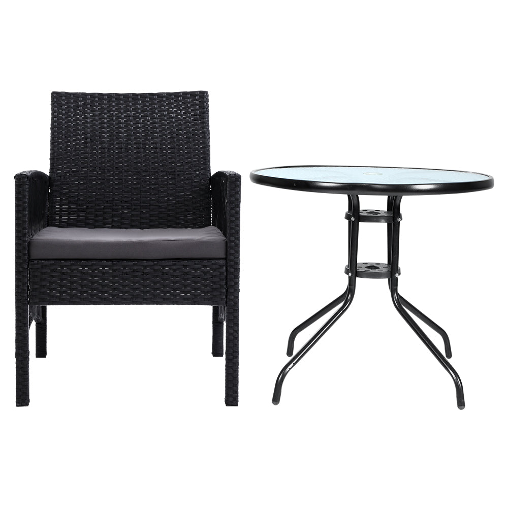 3 Piece Wicker Outdoor Bistro Table & Chair Set - Black - Homecoze