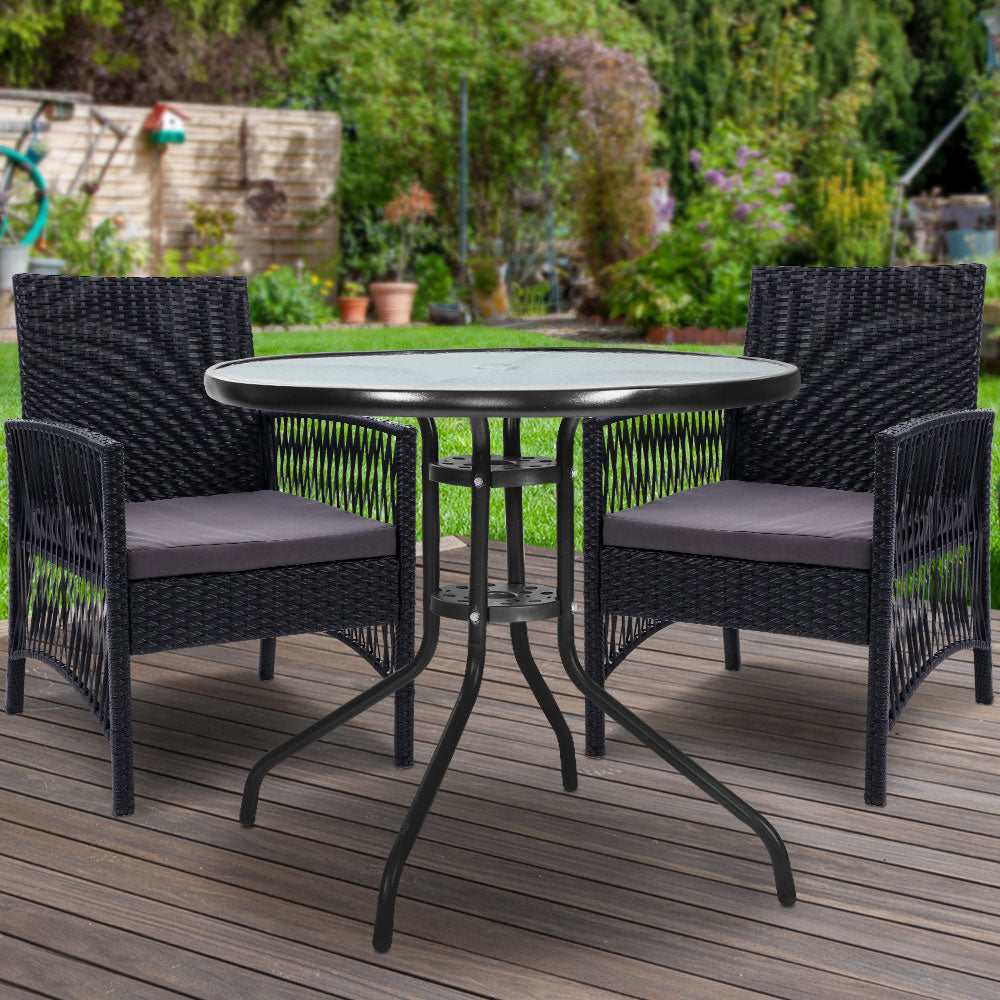 3 Piece Wicker Outdoor Bistro Table & Chair Set - Black - Homecoze