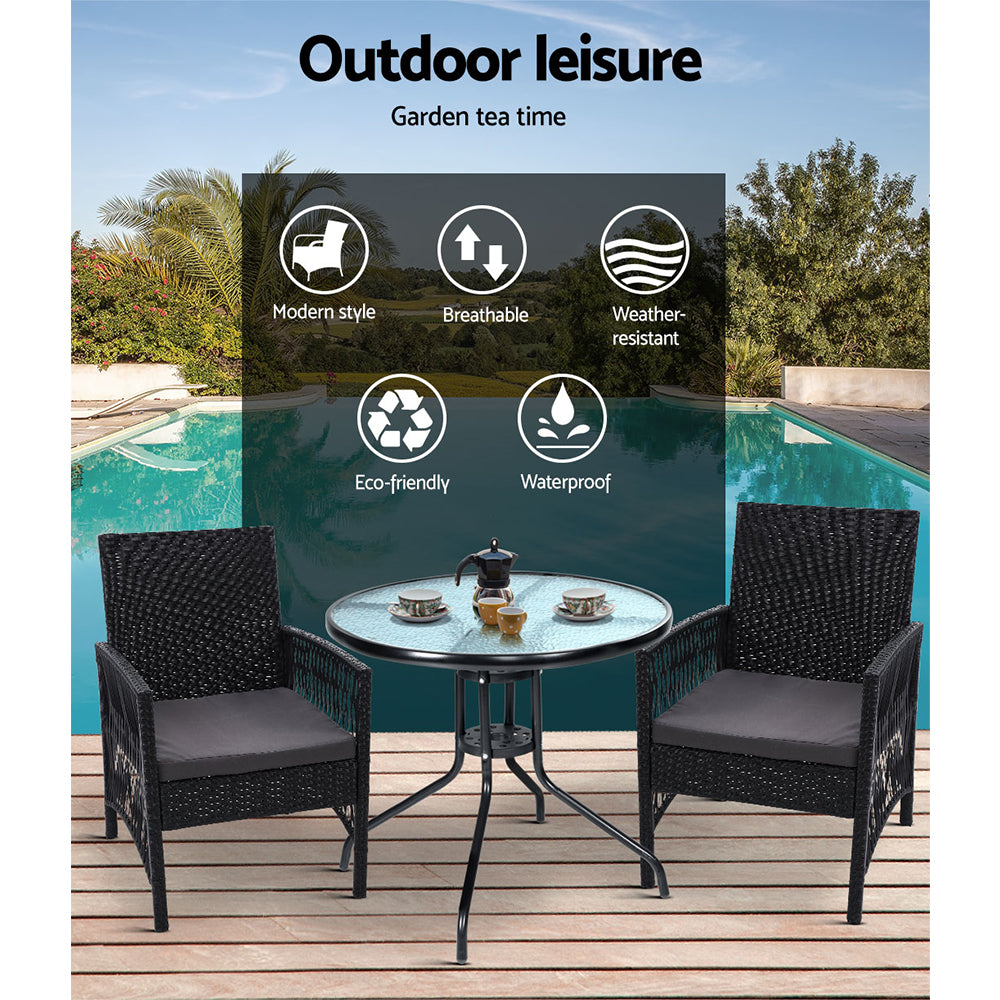 3 Piece Wicker Outdoor Bistro Table & Chair Set - Black - Homecoze