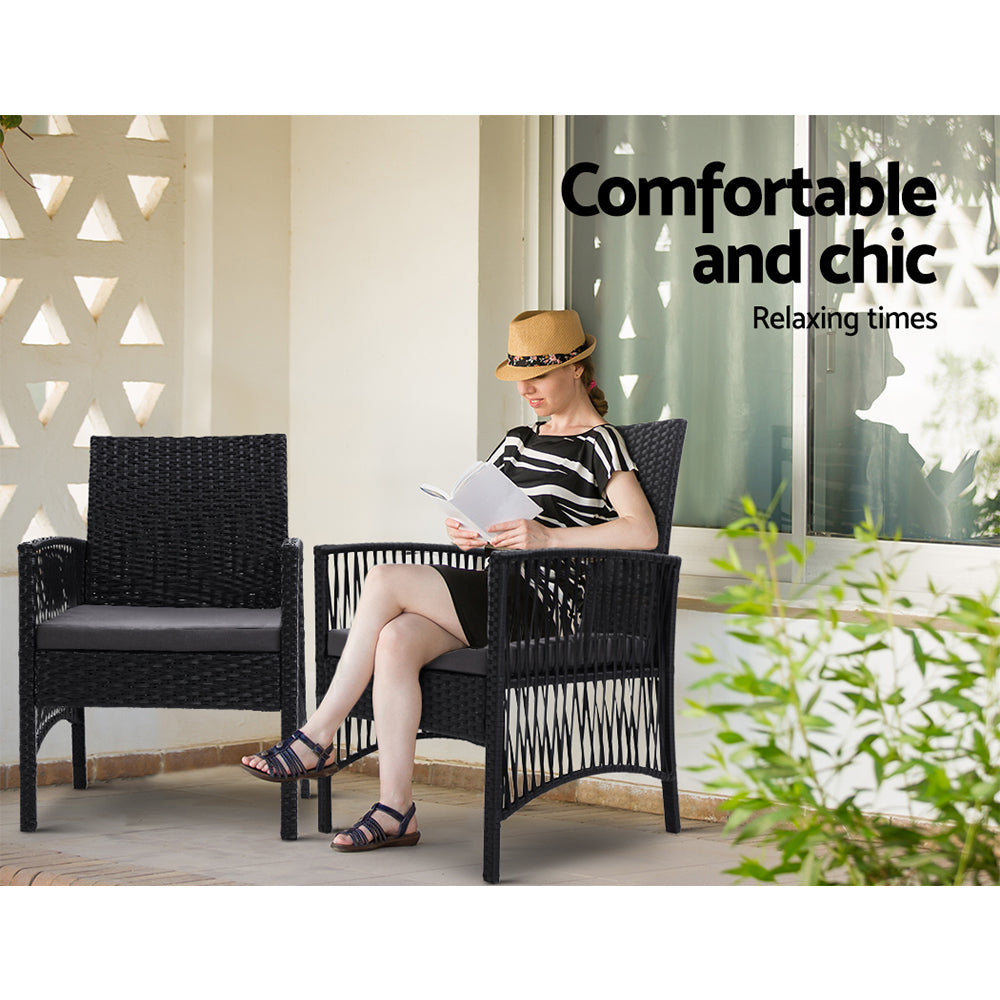 3 Piece Wicker Outdoor Bistro Table & Chair Set - Black - Homecoze