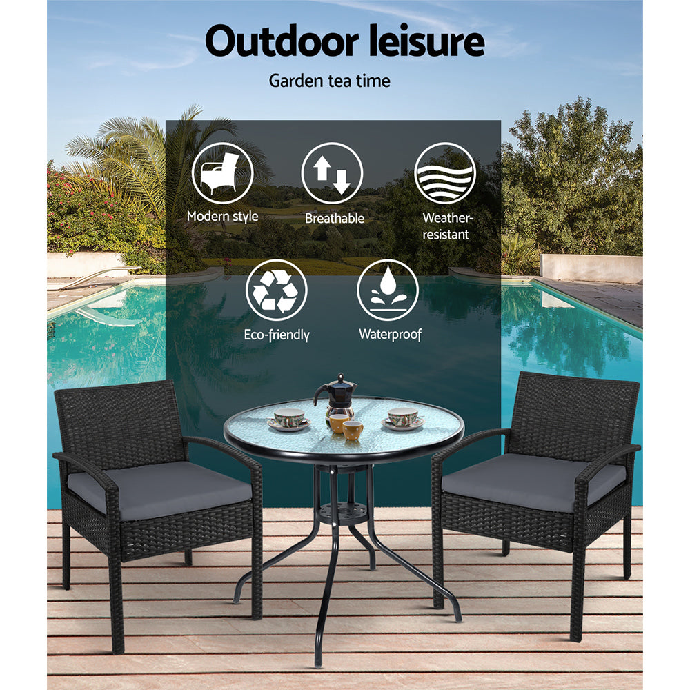 3 Piece Wicker Outdoor Bistro Set - Black - Homecoze