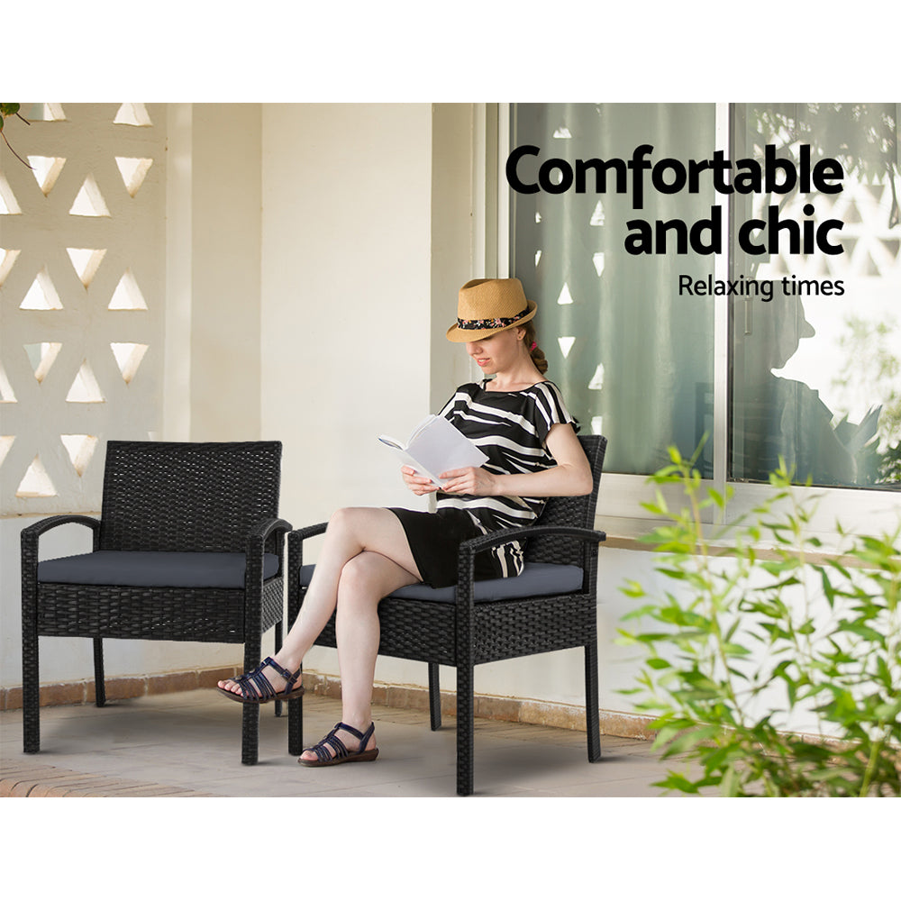 3 Piece Wicker Outdoor Bistro Set - Black - Homecoze