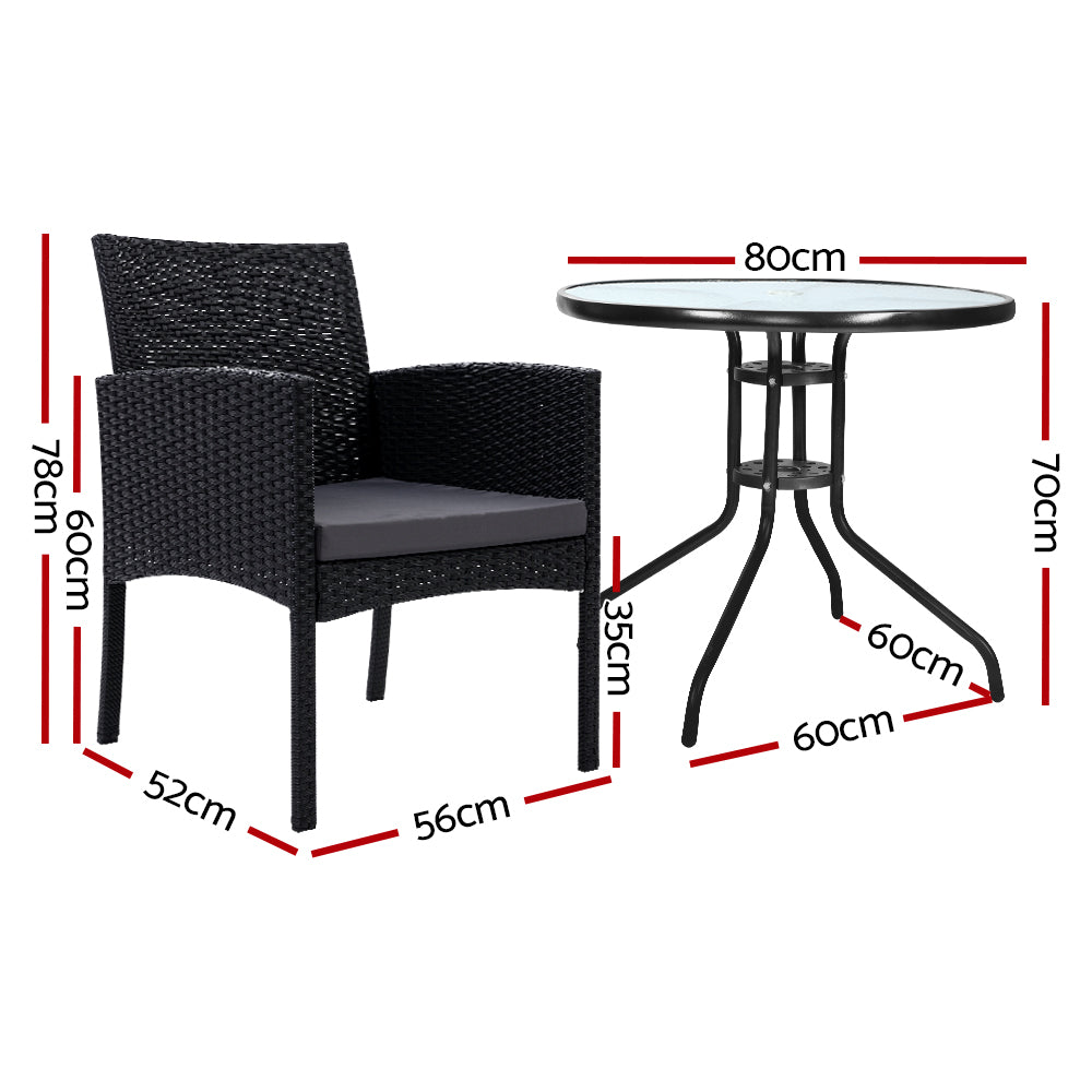 3 Piece Wicker Outdoor Bistro Set - Black - Homecoze