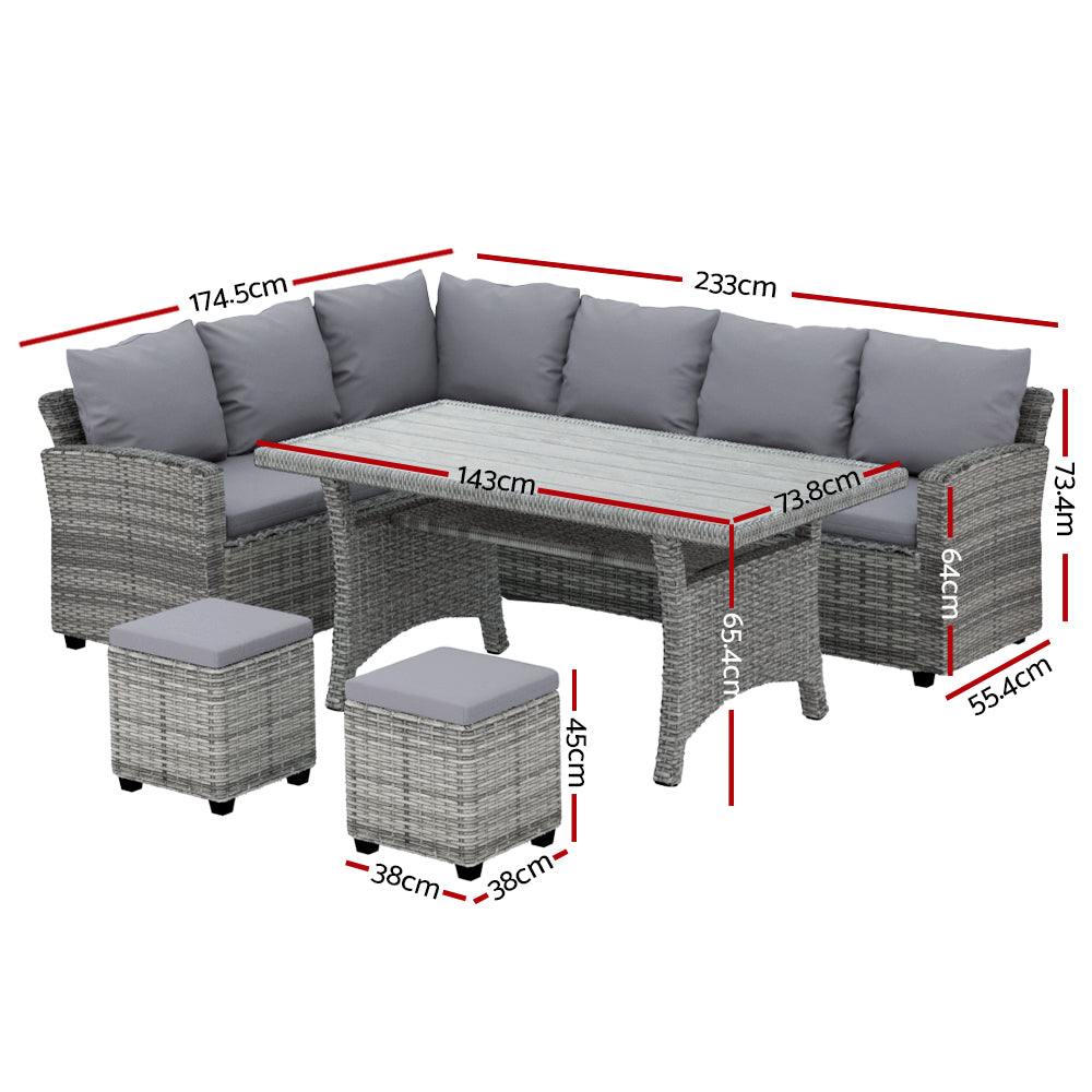 9-Seater Outdoor Wicker Dining Set Lounge Table & Chairs - Mixed Grey Homecoze