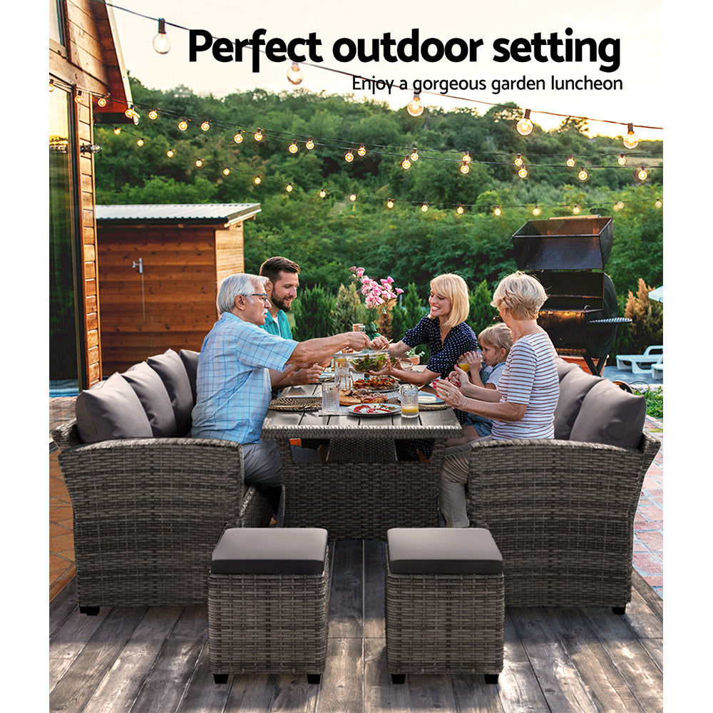 9-Seater Outdoor Wicker Dining Set Lounge Table & Chairs - Mixed Grey Homecoze