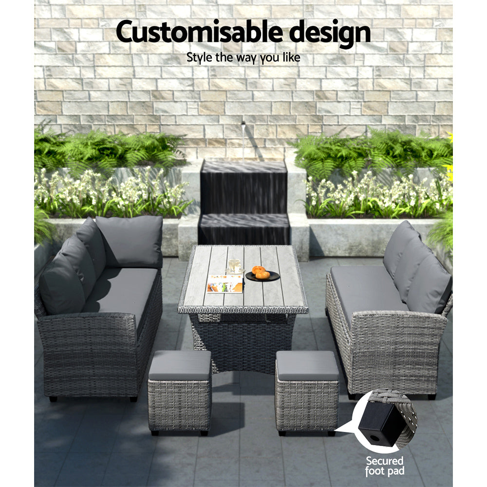 9-Seater Outdoor Wicker Dining Set Lounge Table & Chairs - Mixed Grey Homecoze