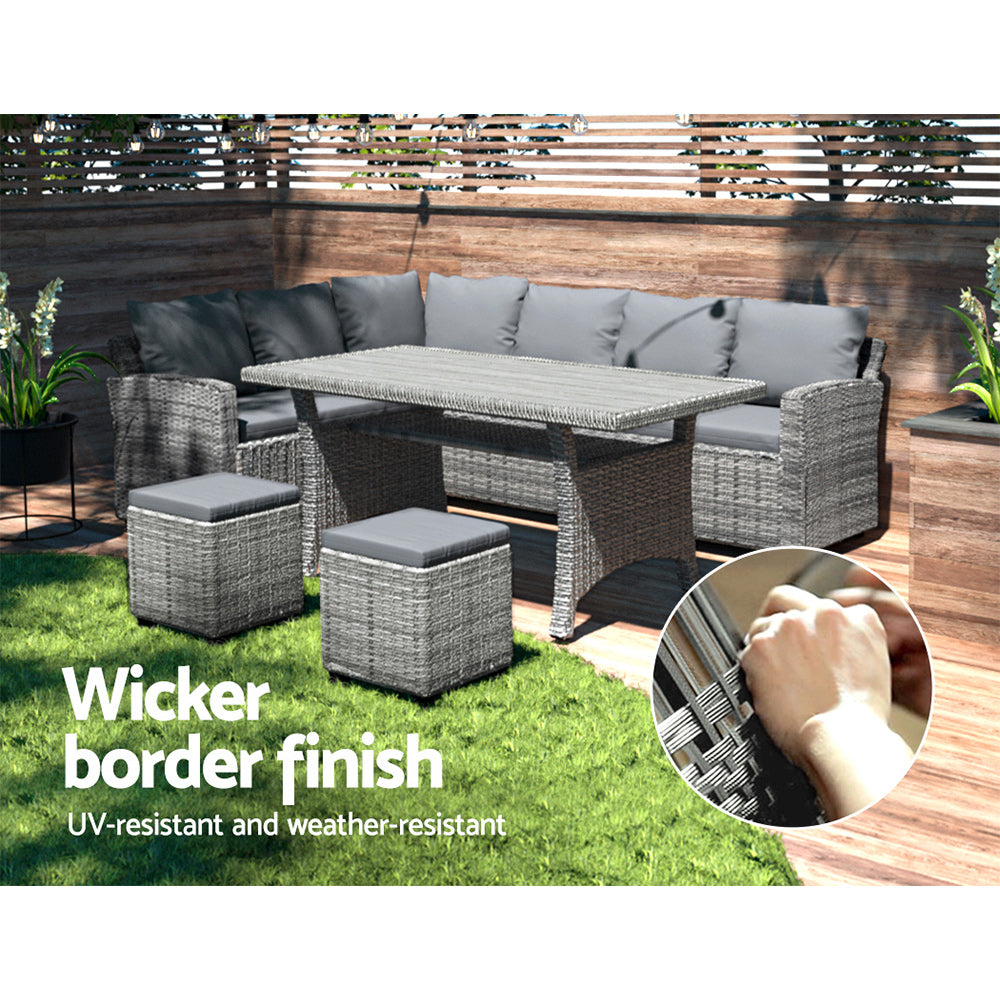 9-Seater Outdoor Wicker Dining Set Lounge Table & Chairs - Mixed Grey Homecoze
