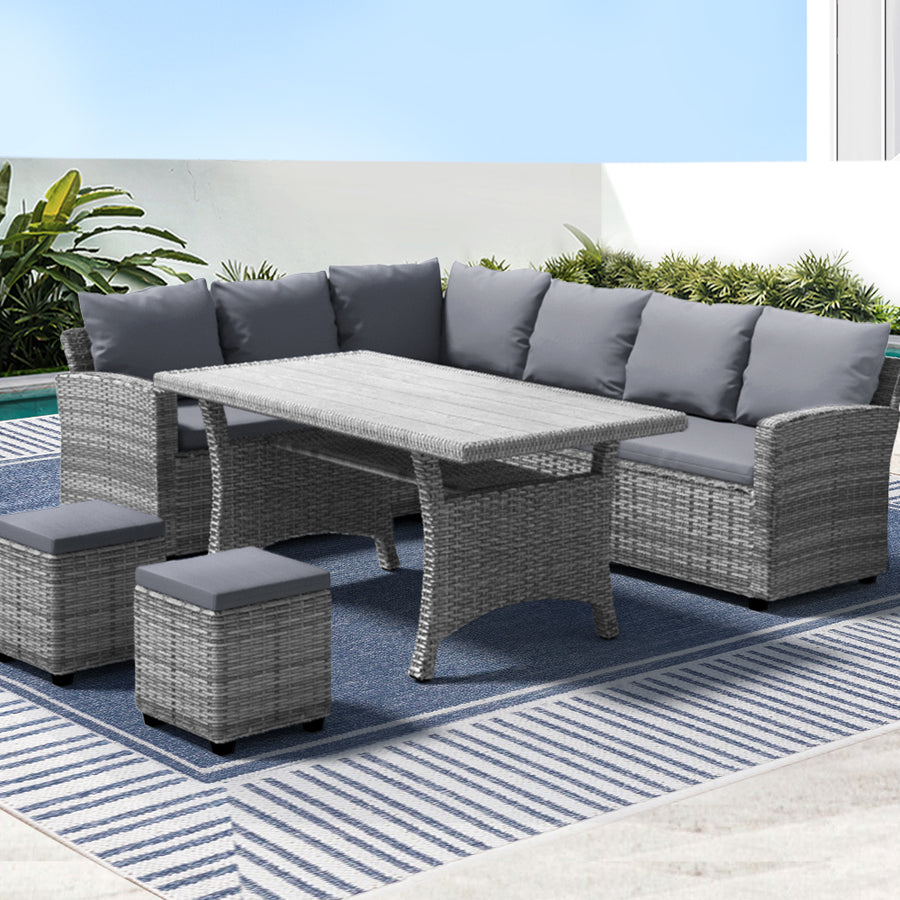 9-Seater Outdoor Wicker Dining Set Lounge Table & Chairs - Mixed Grey Homecoze