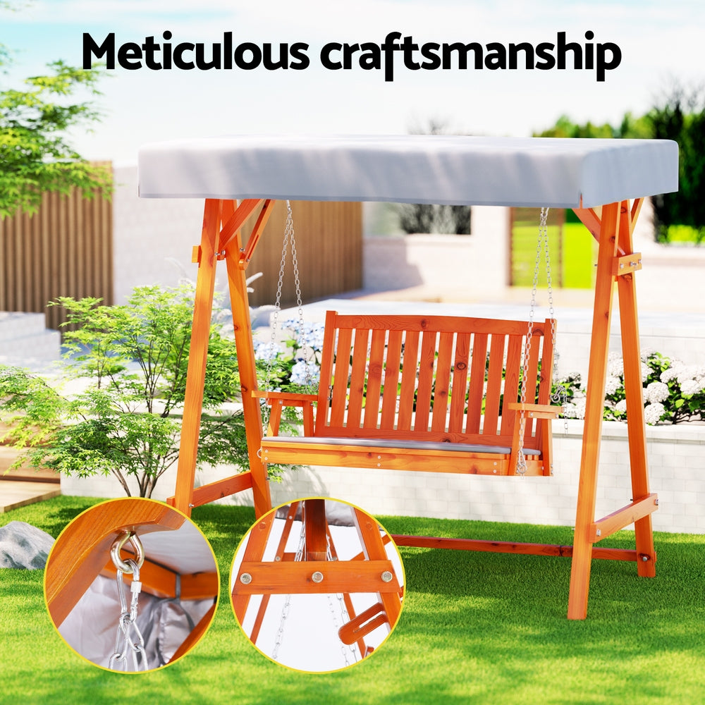 Outdoor Wooden Swing Chair 2 Seater Bench Seat with Canopy - Light Brown & Charcoal - Homecoze