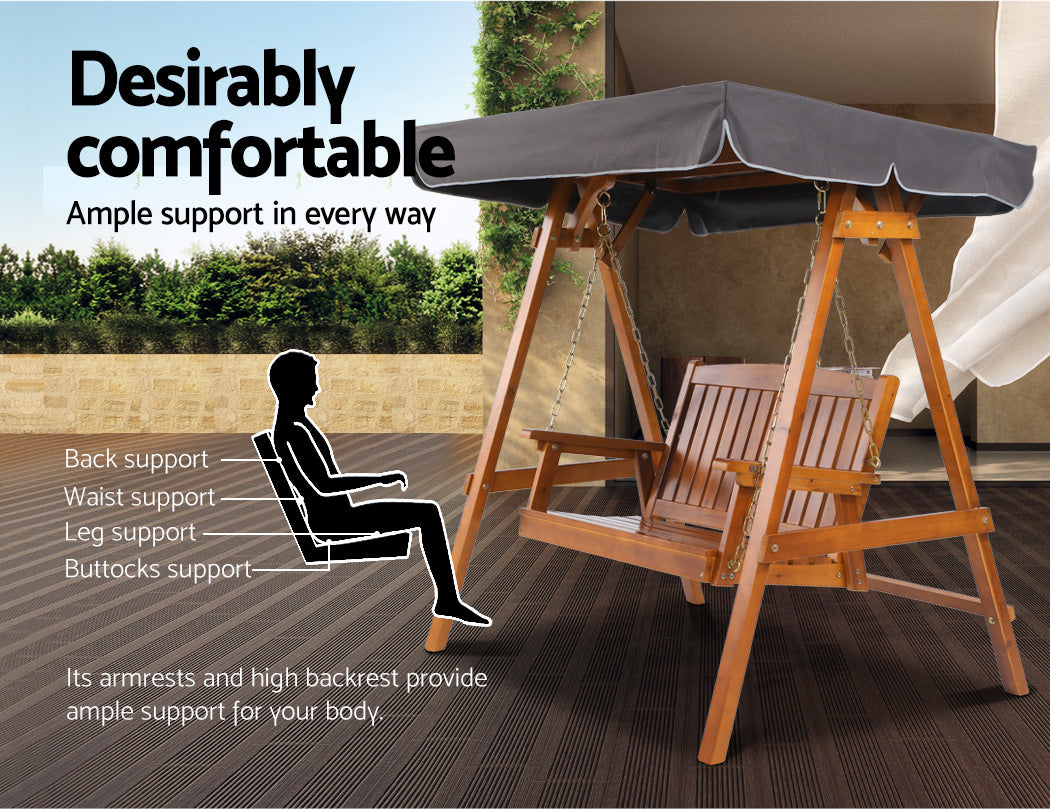 Outdoor Wooden Swing Chair 2 Seater Bench Seat with Canopy - Light Brown & Charcoal - Homecoze