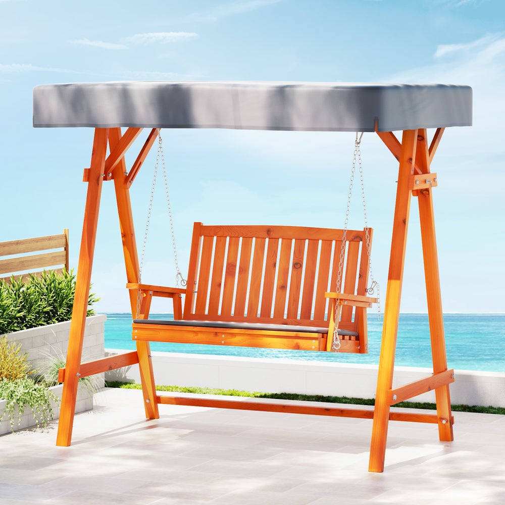 Outdoor Wooden Swing Chair 2 Seater Bench Seat with Canopy - Light Brown & Charcoal - Homecoze
