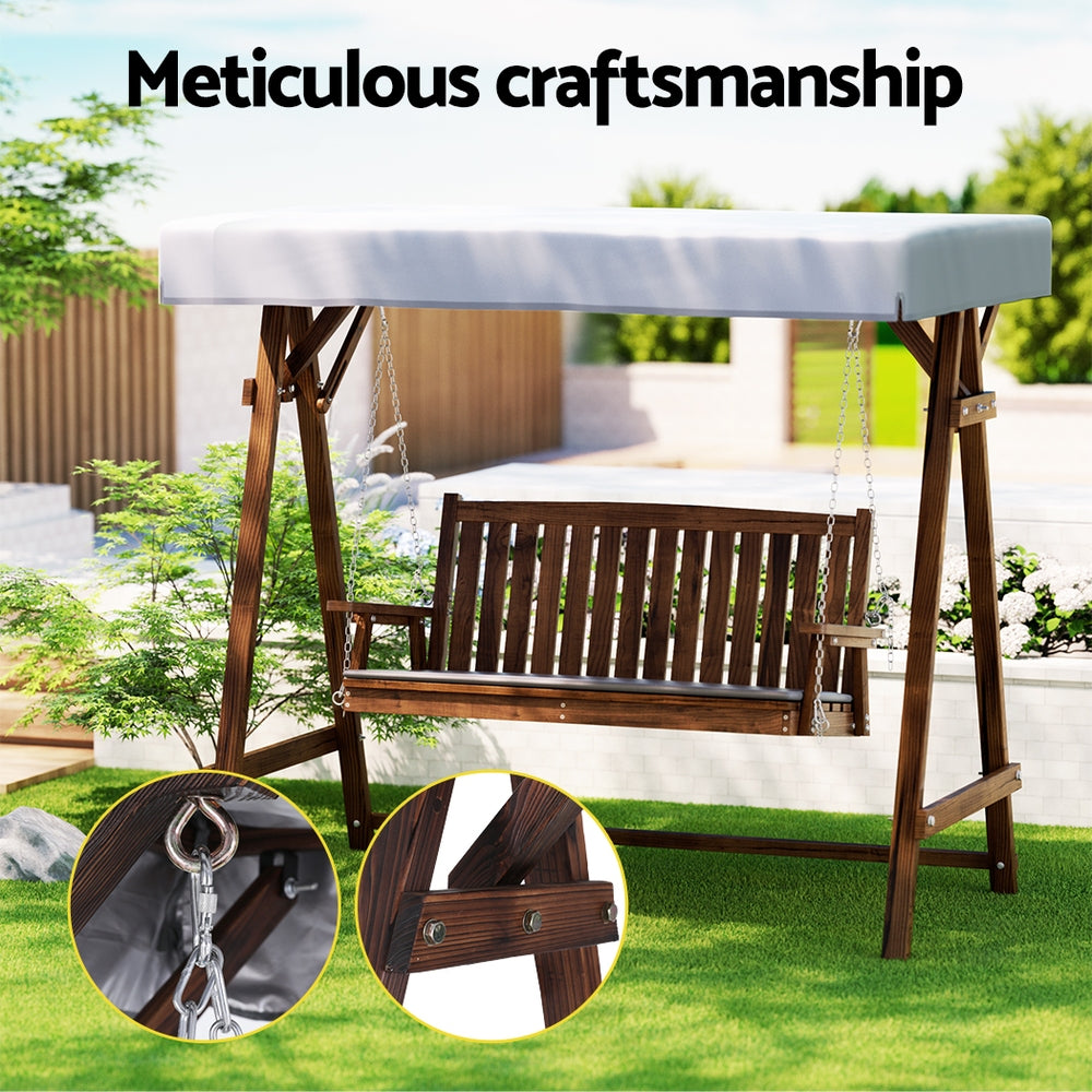 Outdoor Wooden Swing Chair 3 Seater Bench Seat with Canopy - Brown & Charcoal Homecoze