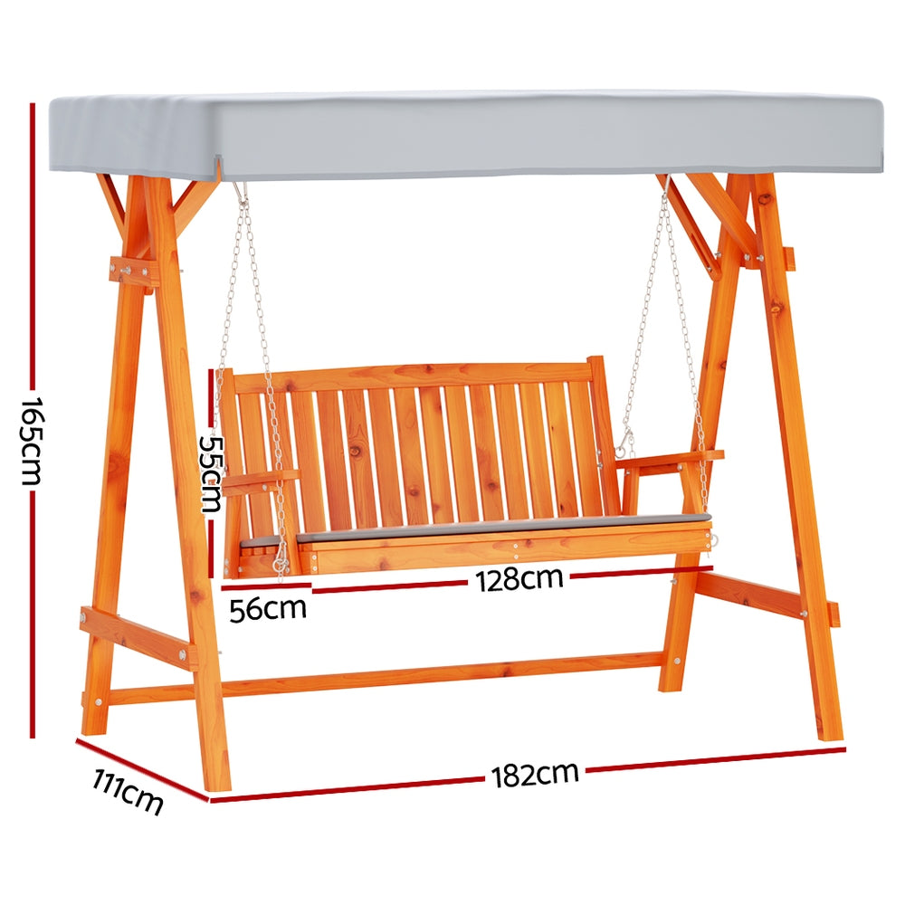 Outdoor Wooden Swing Chair 3 Seater Bench Seat with Canopy - Light Brown & Charcoal - Homecoze