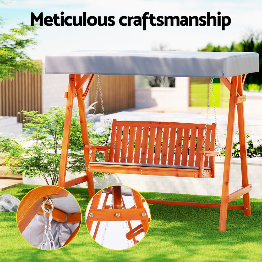 Outdoor Wooden Swing Chair 3 Seater Bench Seat with Canopy - Light Brown & Charcoal - Homecoze