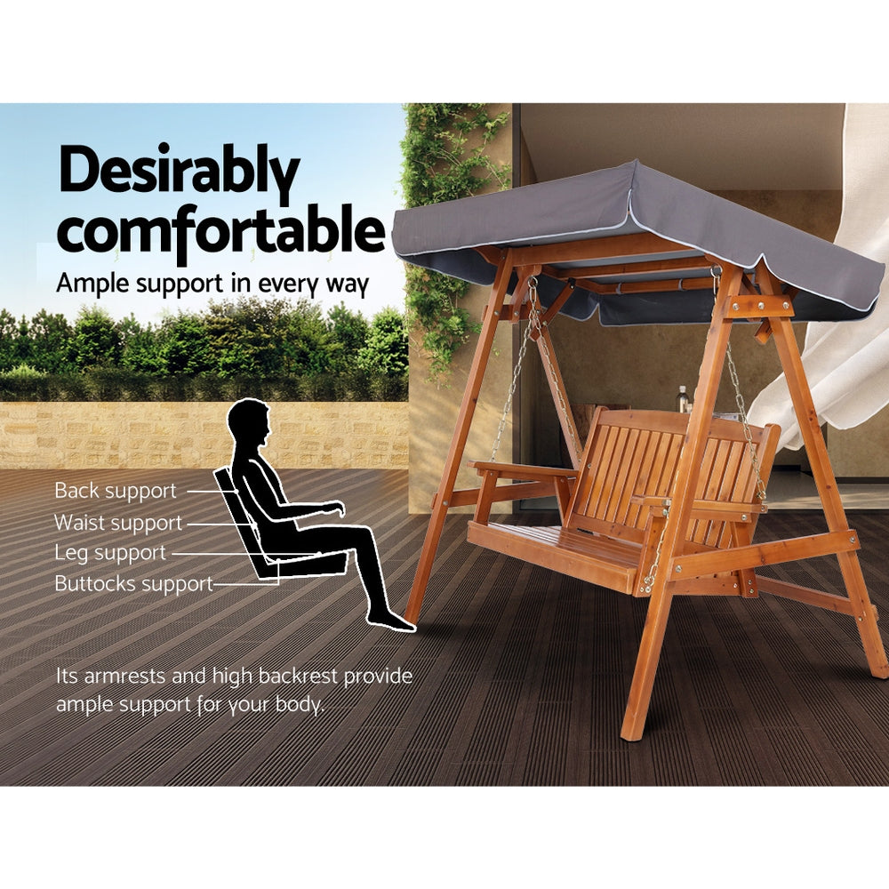 Outdoor Wooden Swing Chair 3 Seater Bench Seat with Canopy - Light Brown & Charcoal - Homecoze