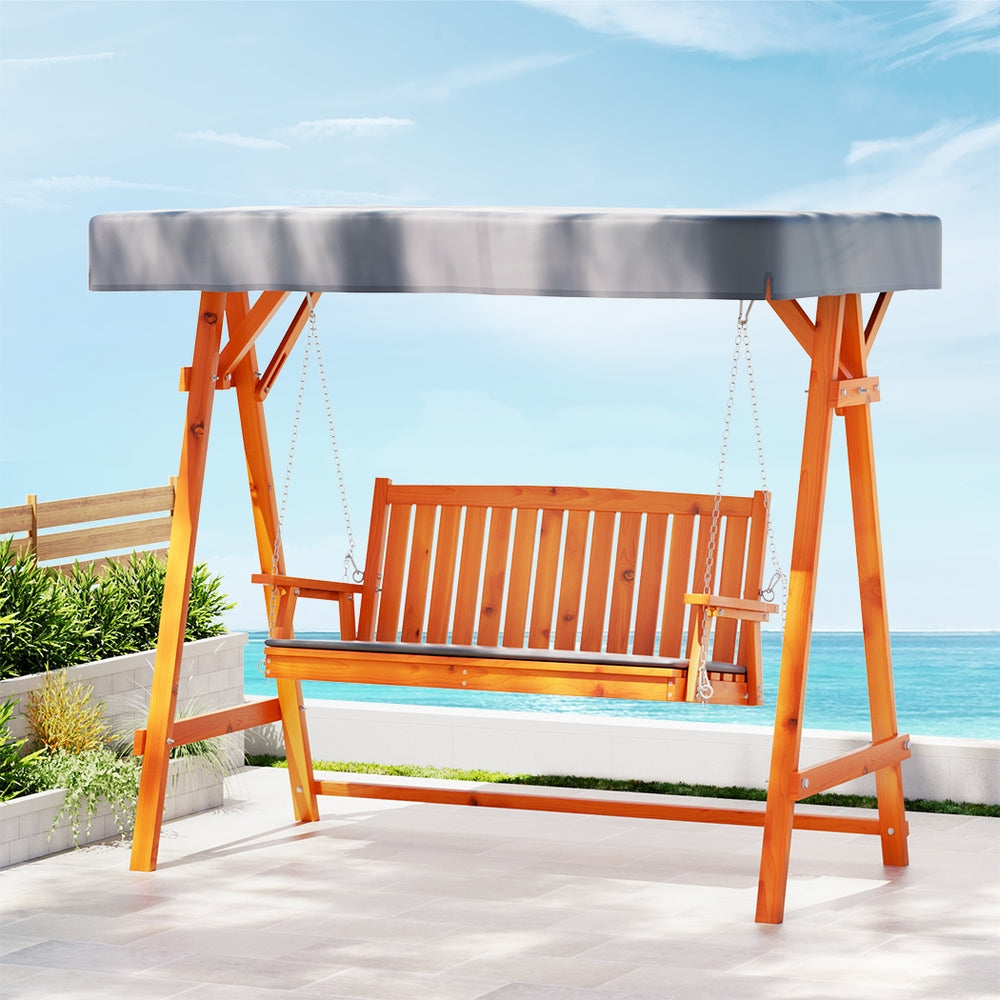 Outdoor Wooden Swing Chair 3 Seater Bench Seat with Canopy - Light Brown & Charcoal - Homecoze
