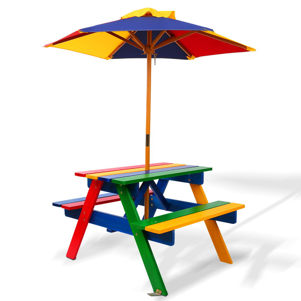 Kids Mini Wooden Picnic Table Set with Umbrella - Multicolour - Homecoze