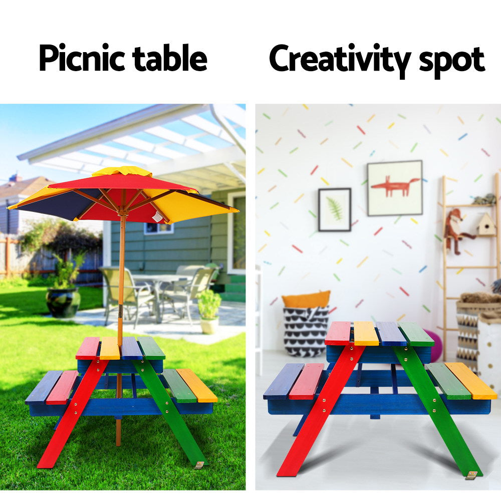 Kids Mini Wooden Picnic Table Set with Umbrella - Multicolour - Homecoze