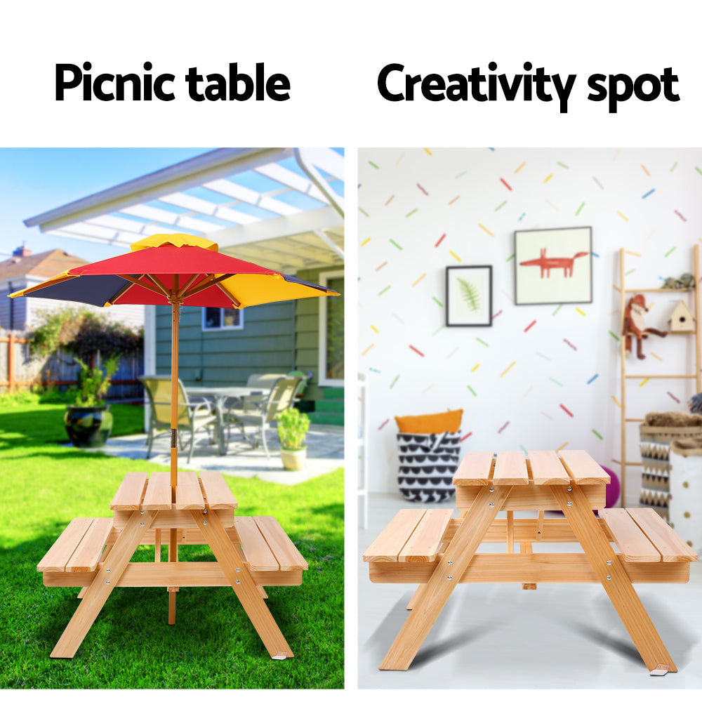 Kids Mini Wooden Picnic Table Set with Umbrella - Natural - Homecoze