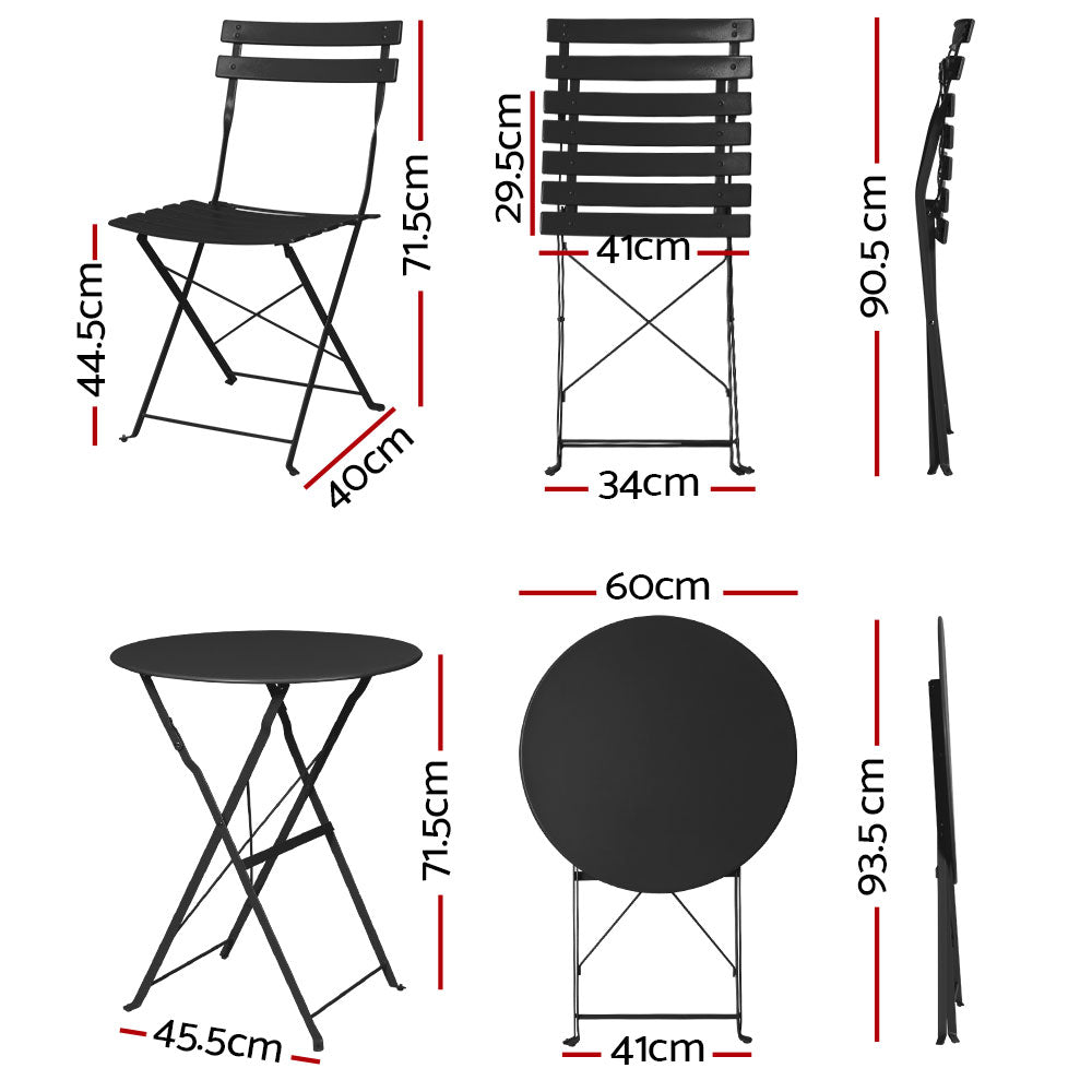 3PC Chic Outdoor Table & Chair Folding Bistro Patio Setting - Black Homecoze