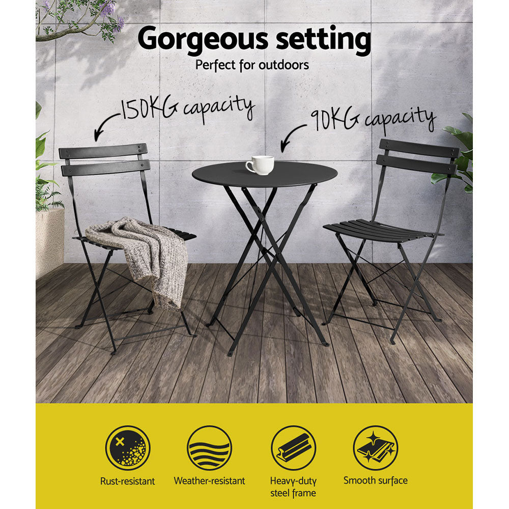3PC Chic Outdoor Table & Chair Folding Bistro Patio Setting - Black Homecoze