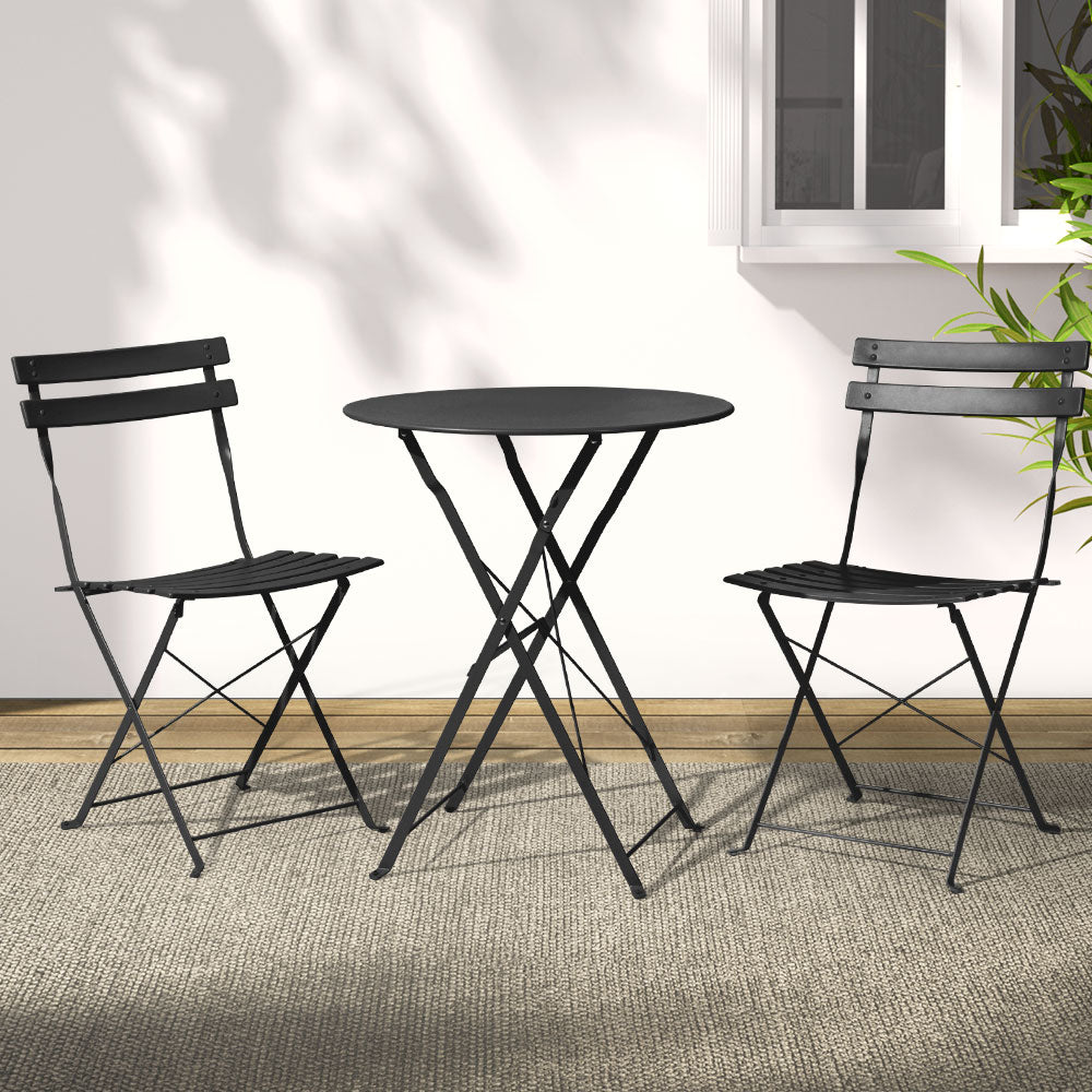 3PC Chic Outdoor Table & Chair Folding Bistro Patio Setting - Black Homecoze